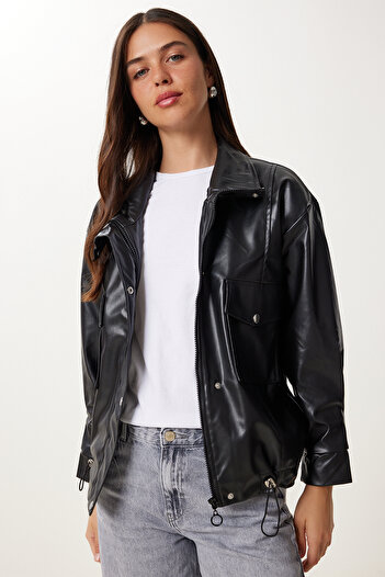 Happiness İstanbul Women's Black Wide Pocket Faux Leather Jacket Gz00004
