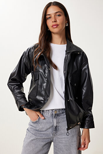 Happiness İstanbul Women's Black Wide Pocket Faux Leather Jacket Gz00004
