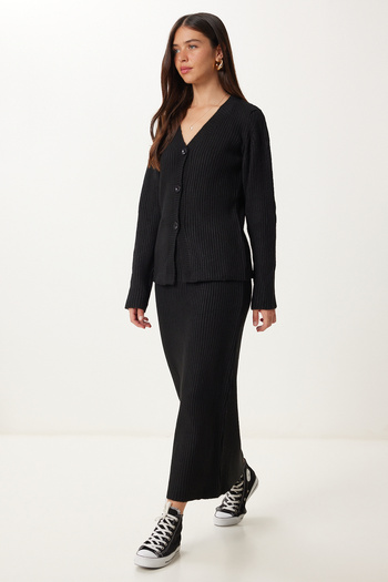 Happiness İstanbul Women's Black Cardigan Skirt Knitwear Set Yy00245
