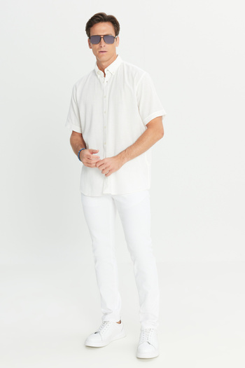 AC&Co / Altınyıldız Classics Men's White Linen Look 100% Cotton Dobby Button Collar Shirt Comfort Fit Relaxed Fit
