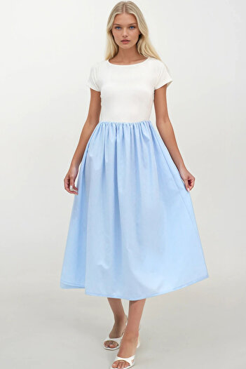 Trend Alaçatı Stili Women's Blue Crew Neck Elastic Waist Color Block Maxi Length Dress Alc-X14278