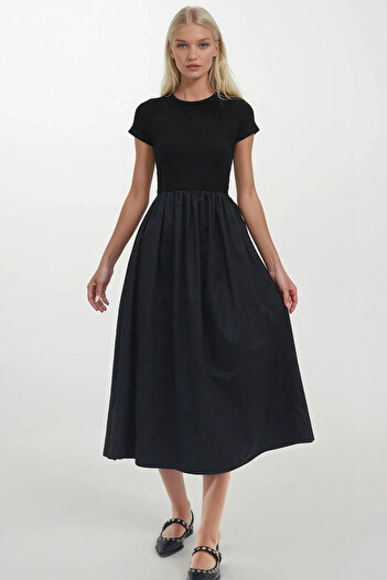 Trend Alaçatı Stili Women's Black Crew Neck Elastic Waist Color Block Maxi Length Dress Alc-X14278