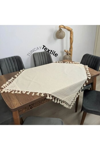 TUNCAY TEKSTİL Hand Lace Hand Tied Fringed Tasseled Fiskos Square Cover Cloth Finding Linen Small Tablecloth