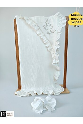 Tomuycuk Ecru 4 Layer Muslin Baby Blanket 100% Cotton Baby Girl / Boy Blanket Swaddle Embroidered Gift