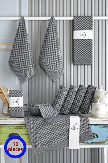 LADYNİL 10 Piece Black Kitchen Napkin Checkerboard Patterned Cotton
