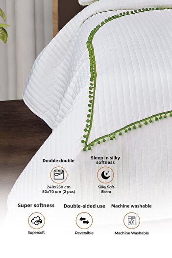 Evlen Home Collection Kalbim Pom-Pom Bedspread Set Double Size Quilted Fiber Filled Pike Set Cream-Green