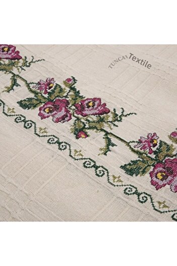 TUNCAY TEKSTİL 220 Cm Cross Stitch Sofa Bed Sofa Cover Purple Cross Stitch Embroidered Canvas Couch Cover