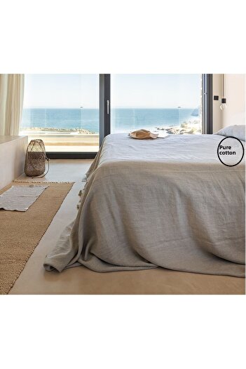 Perdeplus Linen Bedspread Plain Plain Cotton Beige