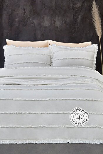 Evlen Home Collection White Cotton Echos Bedspread Set - Casual Double Sided 3 Pieces Padded