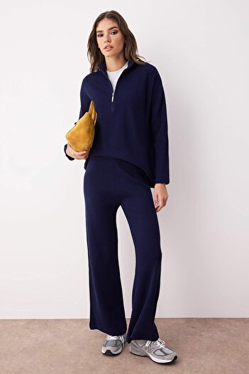 Trendyol Collection Navy Blue Wide Fit Zippered Basic Knitwear Bottom-Top Set Twoss24Au00078