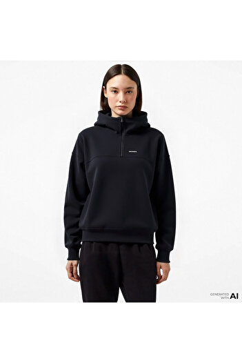 Converse Classic Kadın Siyah Yarım Fermuarlı Hoodie