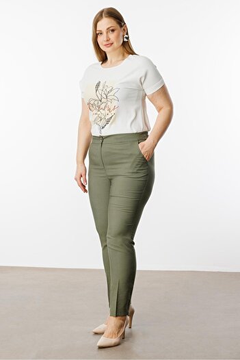 Moda İlgi Fashion Interest Women's Plus Size Back Elastic Waist Pants 30023 Khaki