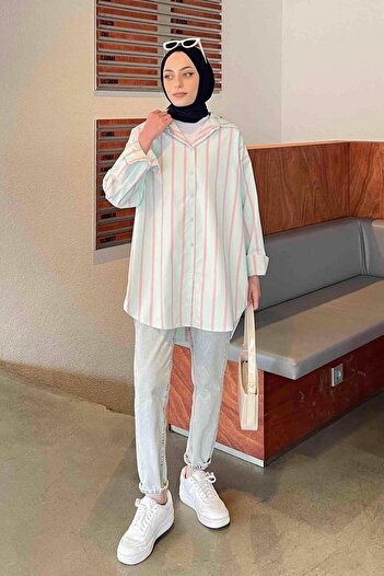 lamelif Πουκάμισο Oversize Thick Line με λεπτομέρειες Water Green