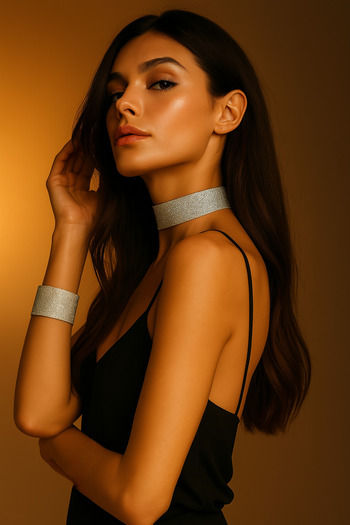 SYAZE Silver Glitter Elastic Choker and Bracelet Set - Width 4 cm