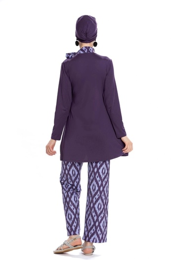 Starinci Mayo Lycra Hijab Swimsuit Purple Trousers Patterned Scarf Detailed