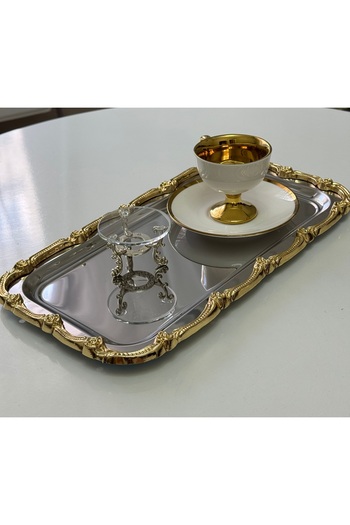 SEVA ÇELİK Steel Large Baton Gold Frame 1 Service Tray 17*33 cm