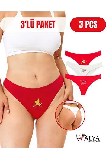 ALYA UNDERWEAR Cotton Women's String, Red Printed Thong Panties 3 Pack