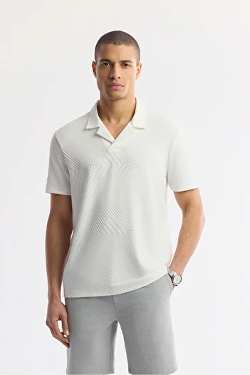 Avva Men's Regular Fit White Apaj Collar Striped Jacquard Elastane T-Shirt A51Y1145