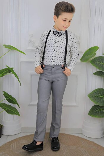 Riccotarz Boy's Patterned Shirt, Bow Tie and Suspender Gray Trousers Top and Bottom Set