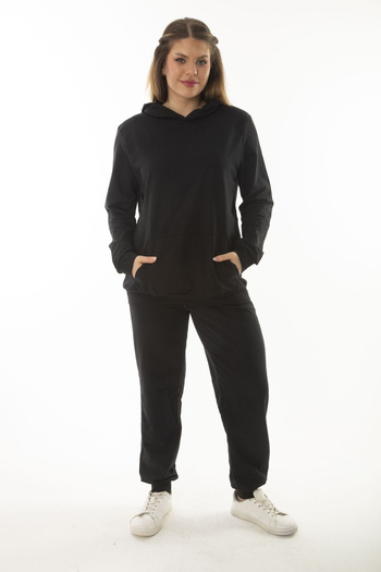 Şans Women's Large Size Black Kangaroo Pocket and Hooded Sweatshirt Trousers Buttoned Suit 65N37053