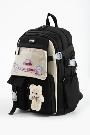 Roxy Black Kawaii Korean Style Multi-Compartment Children's School Bag with Teddy Bear Accessories