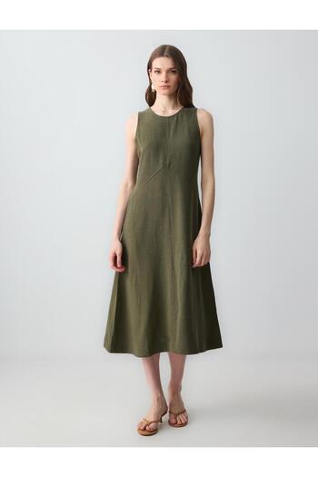 Jimmy Key Khaki Relaxed Cut Round Neck Sleeveless Linen Midi Dress