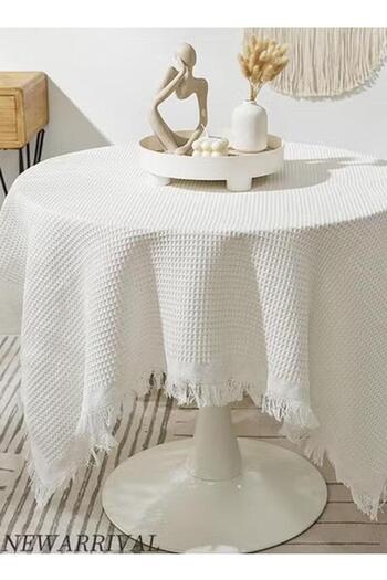 Generic Checkered Pattern Tassel Cotton Linen Table Cloth For Dining Room And Kitchen 130CM