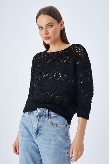 Mixray 6859 Women's Boat Neck Openwork Seasonal Knitwear Sweater Black