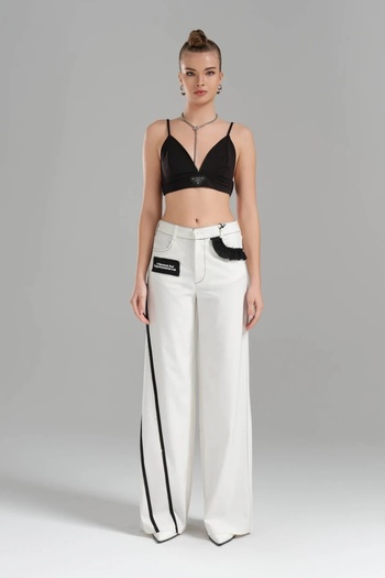 tw3 Women's Woven Fabric Back Belt Elastic Design Pants