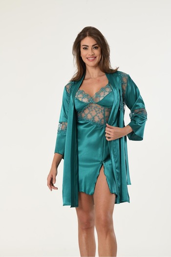 Angels Story Green 2040 Satin Lace Nightgown & Dressing Gown Set