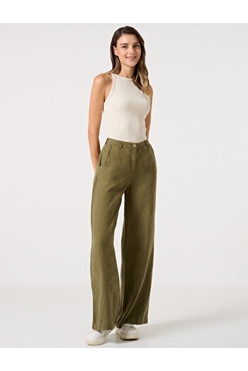 Jimmy Key Khakifarbene, locker geschnittene Leinenhose mit hoher Taille und Taschen