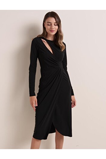 Jimmy Key Black Long Sleeve Low-cut Neckline Front Slit Dress