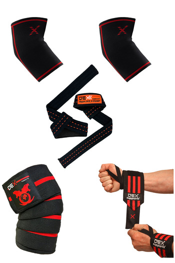 Dex Supports Lasting Energy Fitness Elbow Brace + Wrist Bandage (Wrist Wraps) + Knee Bandage, Knee Wraps + Straps Set of 4