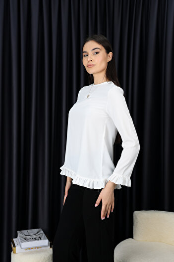 ÇELEBİ STYLE Women's White Hijab Ruffled Stylish Comfortable Shirt Blouse Tunic