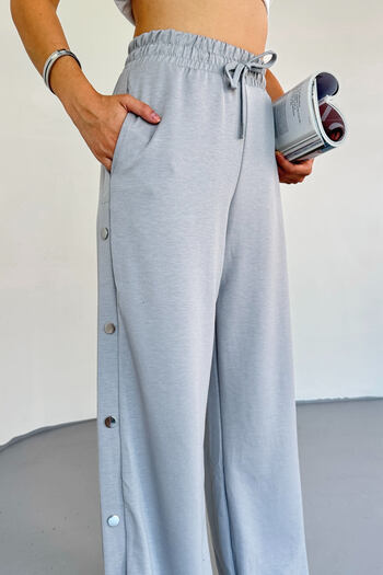 Cappmoda 7003 Modal Painting Gray Snap Fastener Modal Fabric Waist Elastic Palazzo Tracksuit