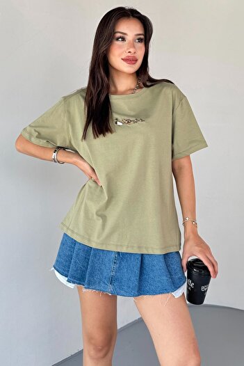 Cappmoda T-913 Khaki Duck Embroidered Short Sleeve Cotton T-Shirt
