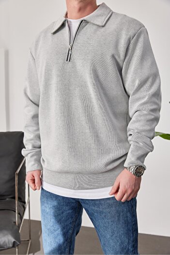 NOMARC Basic Gray Sweatshirt with Zippered Collar