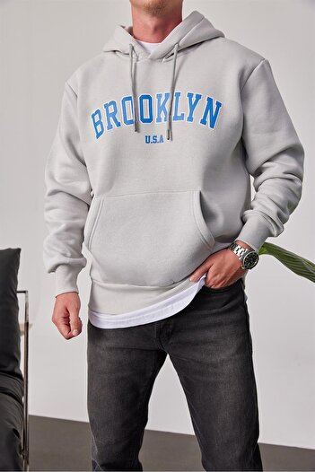 NOMARC Ανδρικό φούτερ με κουκούλα με στάμπα Brooklyn σε γκρι χρώμα