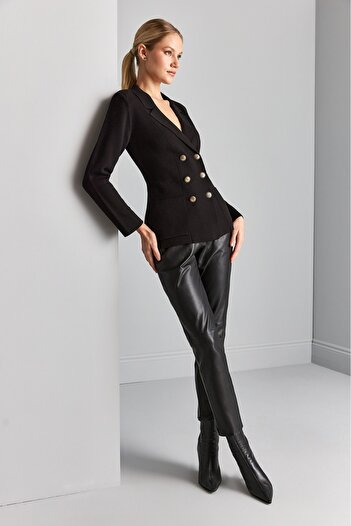 JOIN US Gold Düğmeli Kruvaze Siyah Triko Blazer Ceket
