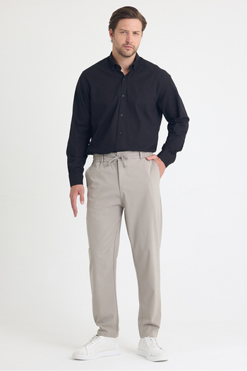 EXSPORT Men's Side Pockets, Elastic Waist, Lace-Up Belt, Relaxed Fit, Comfortable Cut Cool Fabric Trousers