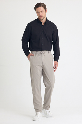 EXSPORT Men's Side Pockets, Elastic Waist, Lace-Up Belt, Relaxed Fit, Comfortable Cut Cool Fabric Trousers