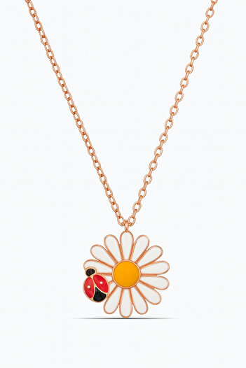 Parmas Design Gümüş Papatya Ve Uğur Böceği Mineli Rose 925 Ayar Kadın Kolye