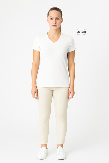 Cottonland Women's Delfina V-Neck 1X1 Flexible Rib Short Sleeve Cotton Combed T-Shirt Ecru