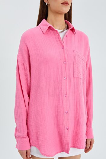 Mixray 3833 Kadın Oversize Cepli Müslin Gömlek Pembe
