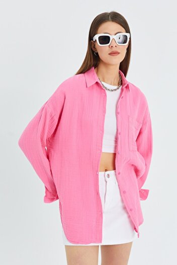 Mixray 3833 Kadın Oversize Cepli Müslin Gömlek Pembe