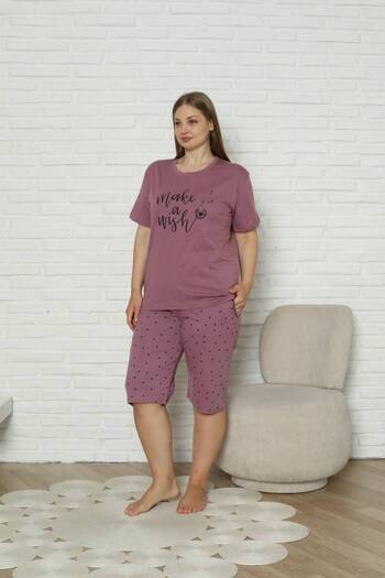 dealp Women's Black Large Size 100% Cotton Summer Short Sleeve Pocket Capri Bermuda Pajama Set