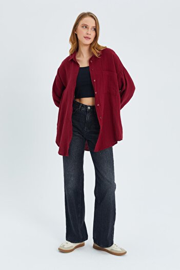 Mixray Burgundy 3833 Women's Oversize Muslin Pocket Shirt