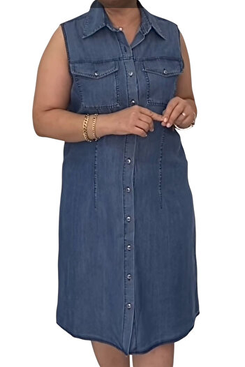 AKŞEN GİYİM Cămașă cu nasturi de dimensiuni mari, din denim subțire, cu rever, cu două buzunare, rochie de jeans fără mâneci