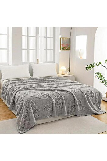 FIONNA.RO Medium Thickness Blanket Embossed Butterflies - Light Grey