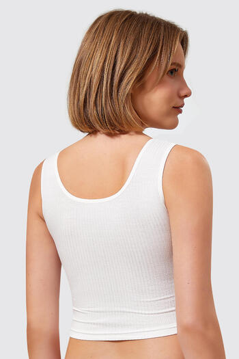 MYS GRUP TEKSTİL Thick Strap Ribbed Flexible Button Detailed Viscosa Half Tank-Crop-Bra Berrak / 7011
